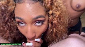 Two ebony babes deepthroat and tease hunk's cock