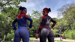 Busty Latina PAWGs In Spider Woman & Captain Marvel Costumes Ride a Cock & Masturbate Up To Squirting