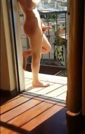 Naked Man Masturbating Outdoors on Balcony