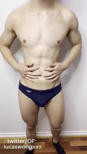 Asian Muscle Guy Cums Hard in Speedos