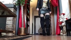 Leather miniskirt, thigh high boots...and foot worship!